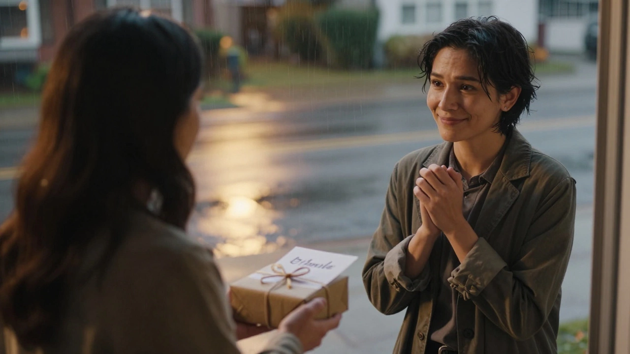 A client receives a thoughtful gift at their doorstep from a kind representative in the evening light.