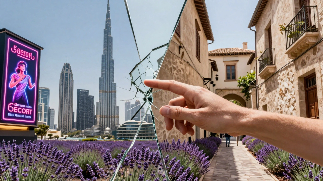 A fractured mirror reflecting Dubai&#039;s neon ads and Aix-en-Provence&#039;s lavender alleys, symbolic contrast.