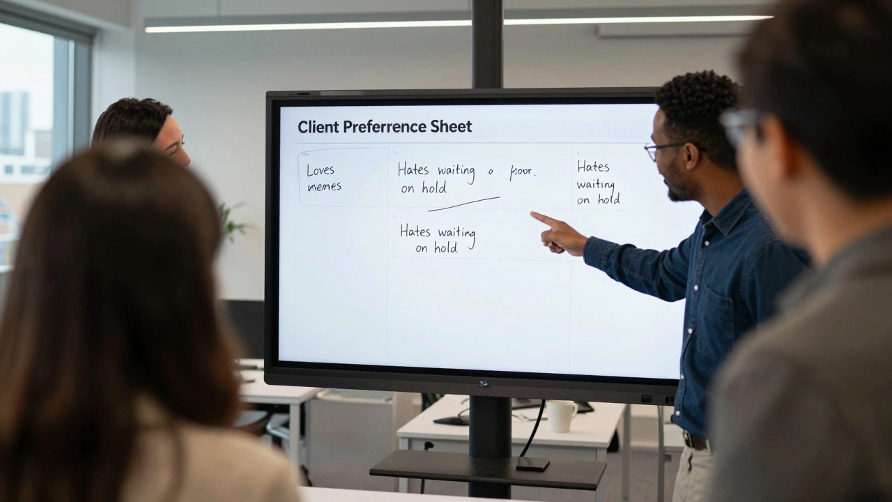 A team reviews a client preference sheet with personal notes, smiling as they discuss how to better serve their clients.