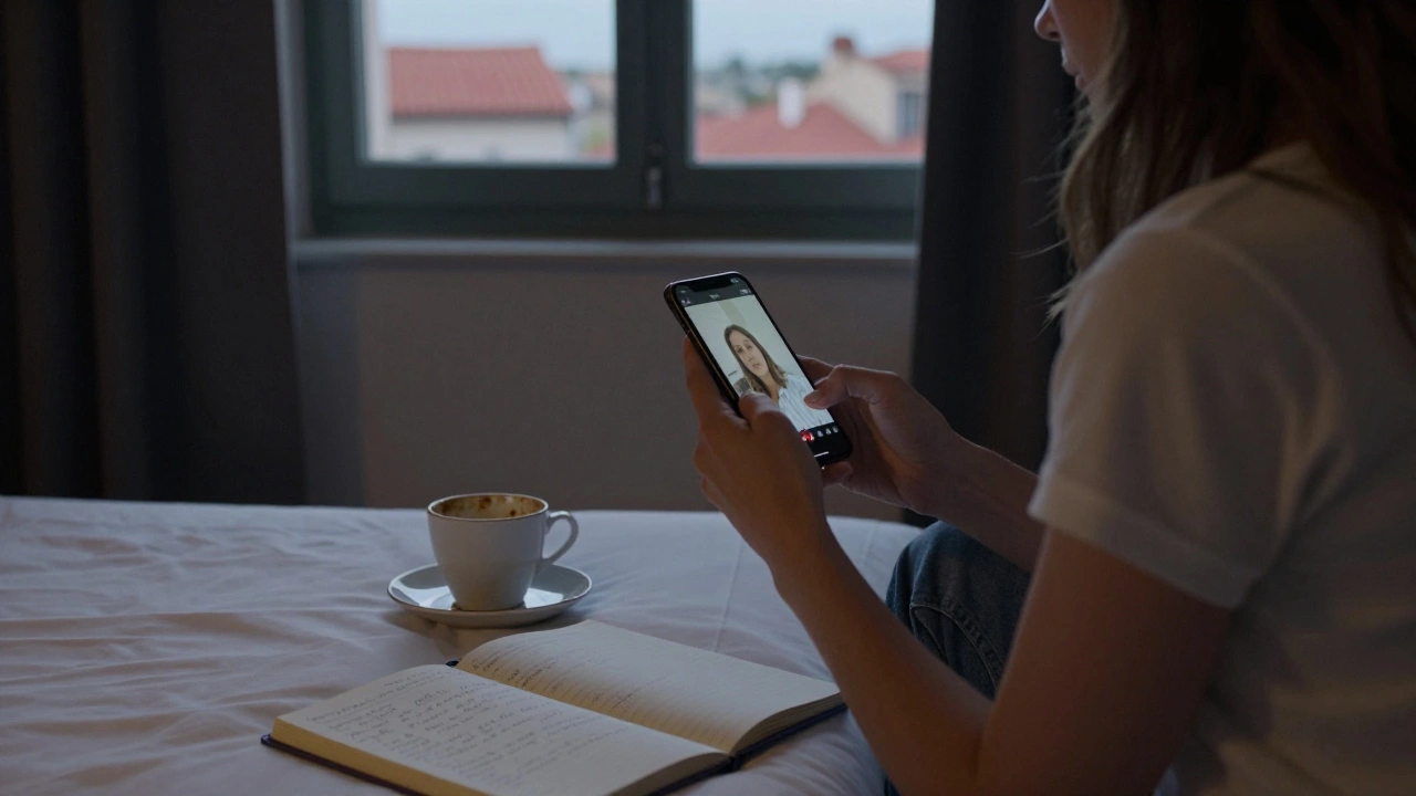 A woman in a boutique hotel room speaking on a muted video call, soft lamplight, no explicit content.