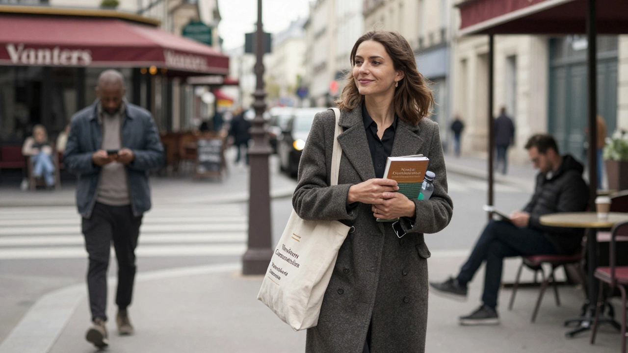 A woman walking through Montmartre holding a book, smiling at a street musician.